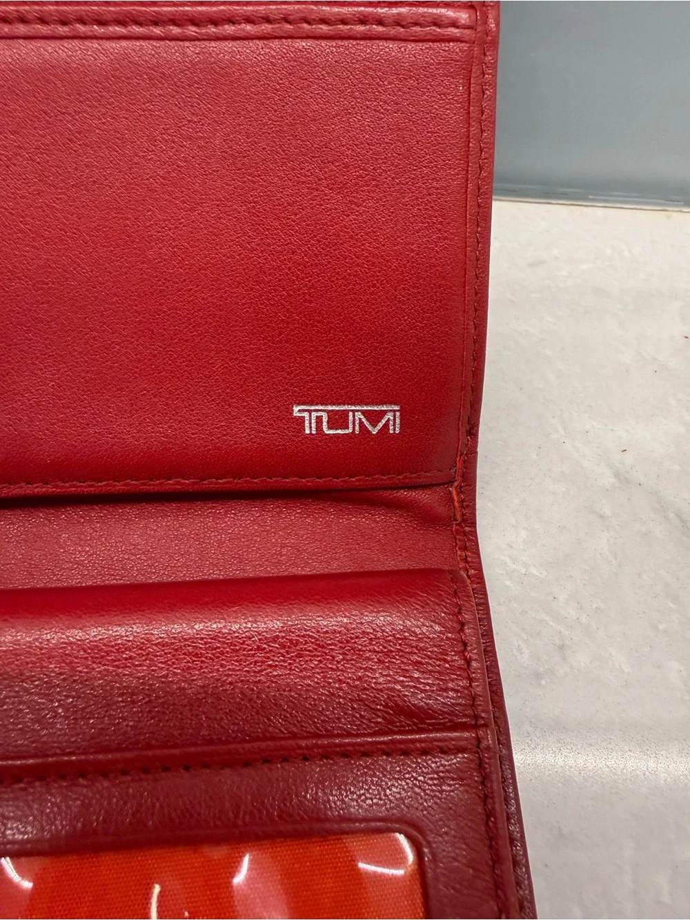 TUMI Red Leather Trifold Wallet w/ Checkbook Holder